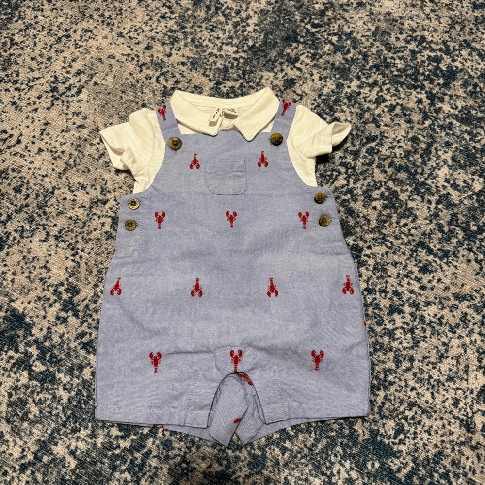 Janie and Jack Lobster Embroidered Overall with White Polo